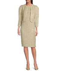 Donna Karan Sequin Tweed Crew Neck 3/4 Sleeve Open Front Coordinating Jacket