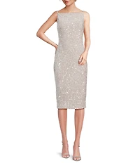 Donna Karan Sequin Velvet Boat Neck Sleeveless Sheath Dress