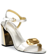 Donna Karan Seraphina Metallic Leather Ankle Strap Block Heel Dress Sandals