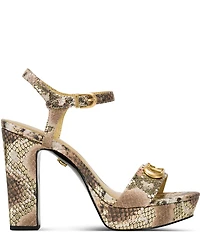 Donna Karan Shepard Snake Printed Suede Logo Hardware Ankle Strap Block Heel Dress Sandals