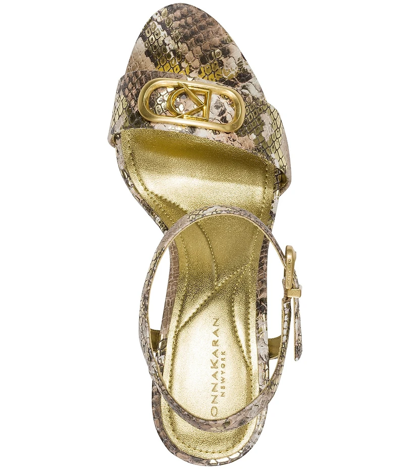 Donna Karan Shepard Snake Printed Suede Logo Hardware Ankle Strap Block Heel Dress Sandals