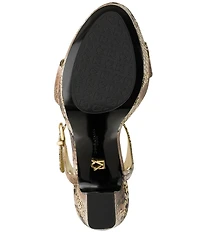 Donna Karan Shepard Snake Printed Suede Logo Hardware Ankle Strap Block Heel Dress Sandals