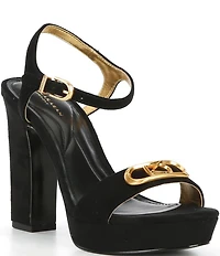 Donna Karan Shepard Suede Logo Hardware Ankle Strap Platform Sandals