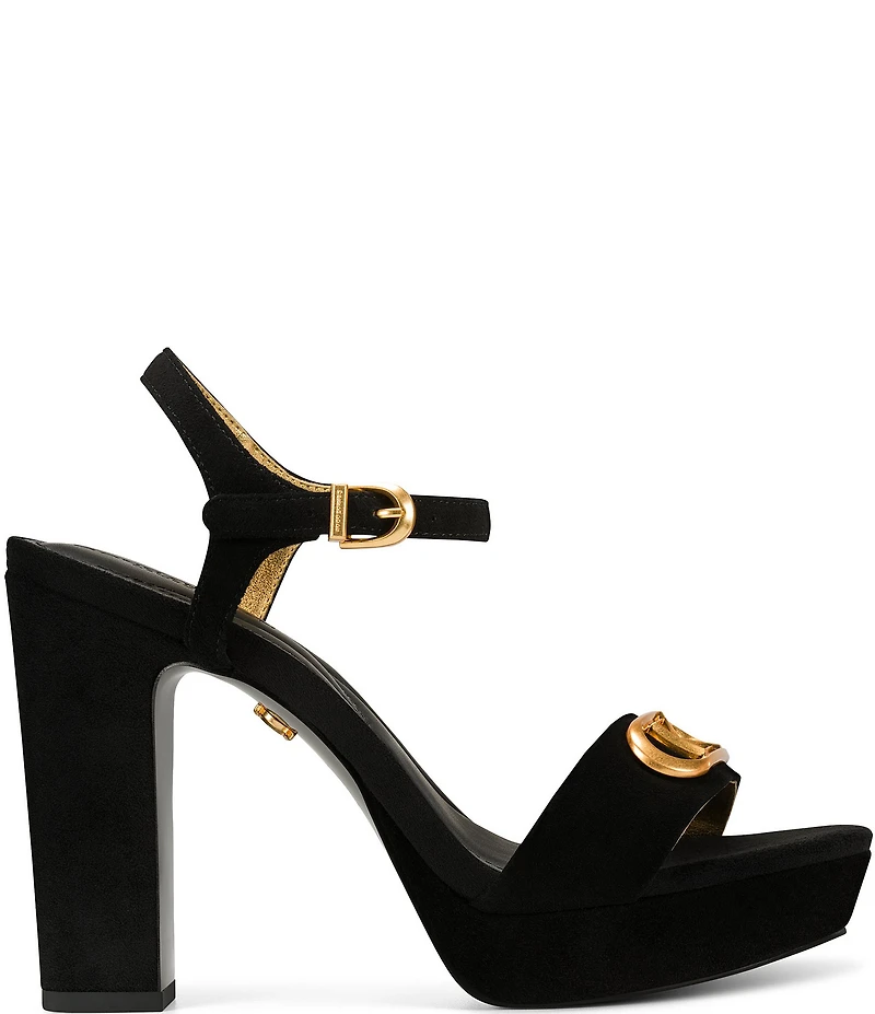 Donna Karan Shepard Suede Logo Hardware Ankle Strap Platform Sandals