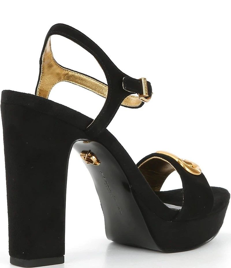 Donna Karan Shepard Suede Logo Hardware Ankle Strap Platform Sandals