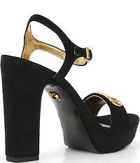 Donna Karan Shepard Suede Logo Hardware Ankle Strap Platform Sandals