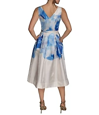 Donna Karan Shimmer Mikado V Neck Sleeveless Belted A Line Midi Dress