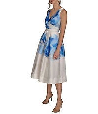 Donna Karan Shimmer Mikado V Neck Sleeveless Belted A Line Midi Dress