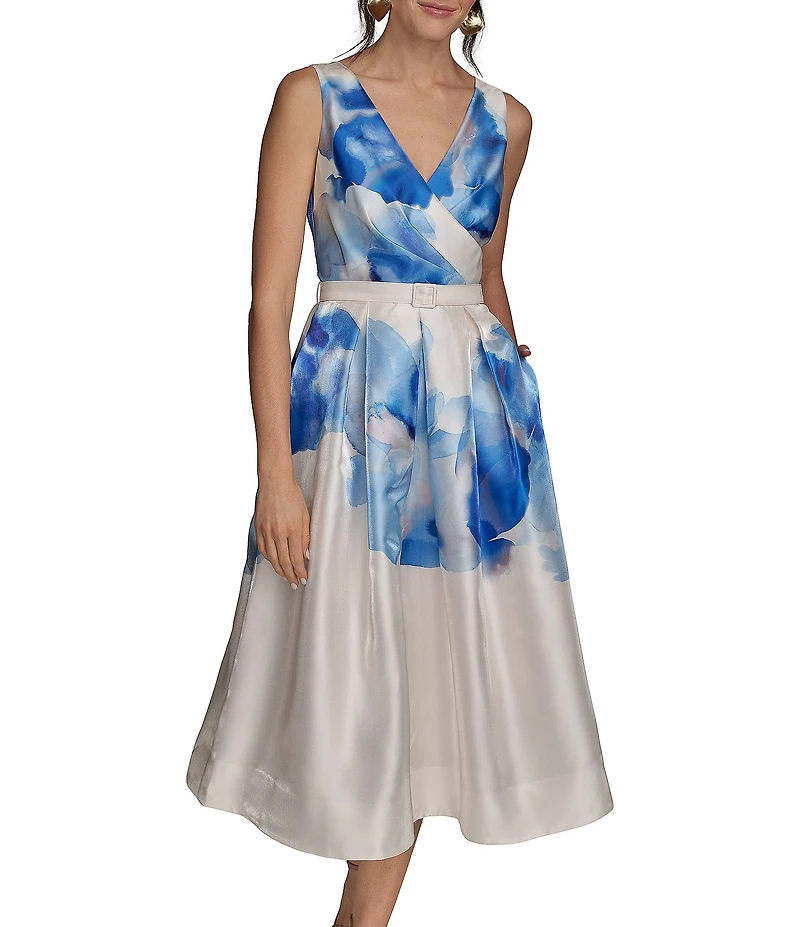 Donna Karan Shimmer Mikado V Neck Sleeveless Belted A Line Midi Dress