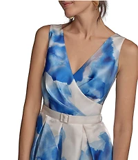 Donna Karan Shimmer Mikado V Neck Sleeveless Belted A Line Midi Dress