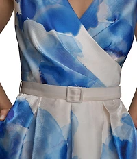 Donna Karan Shimmer Mikado V Neck Sleeveless Belted A Line Midi Dress
