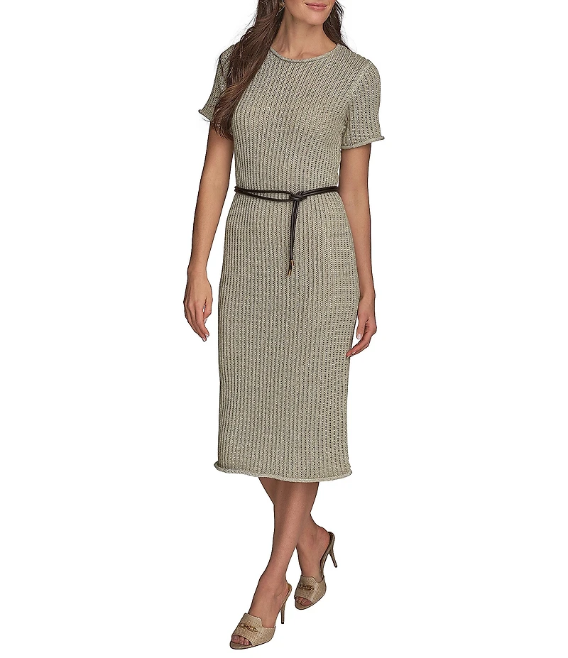 Donna Karan Short Sleeve Boat Neck Knit Sheath Midi Dress
