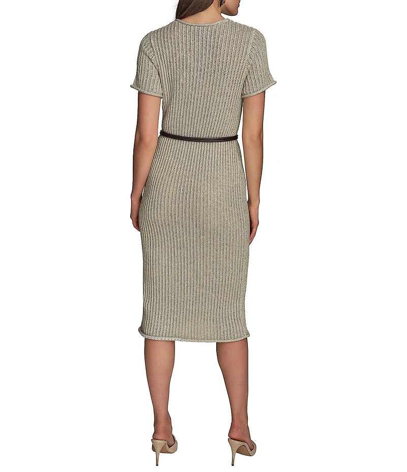Donna Karan Short Sleeve Boat Neck Knit Sheath Midi Dress