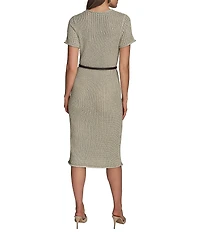 Donna Karan Short Sleeve Boat Neck Knit Sheath Midi Dress