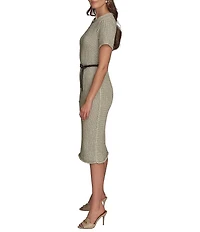 Donna Karan Short Sleeve Boat Neck Knit Sheath Midi Dress