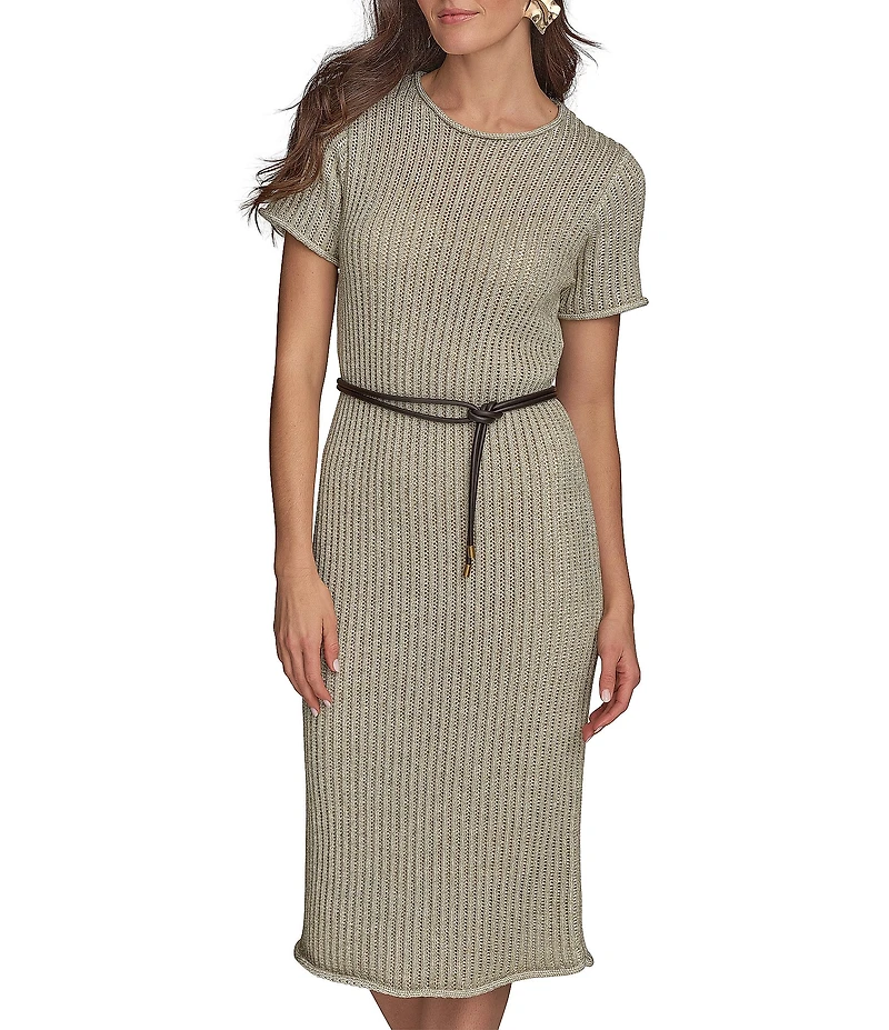 Donna Karan Short Sleeve Boat Neck Knit Sheath Midi Dress