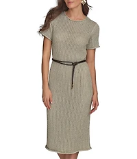 Donna Karan Short Sleeve Boat Neck Knit Sheath Midi Dress