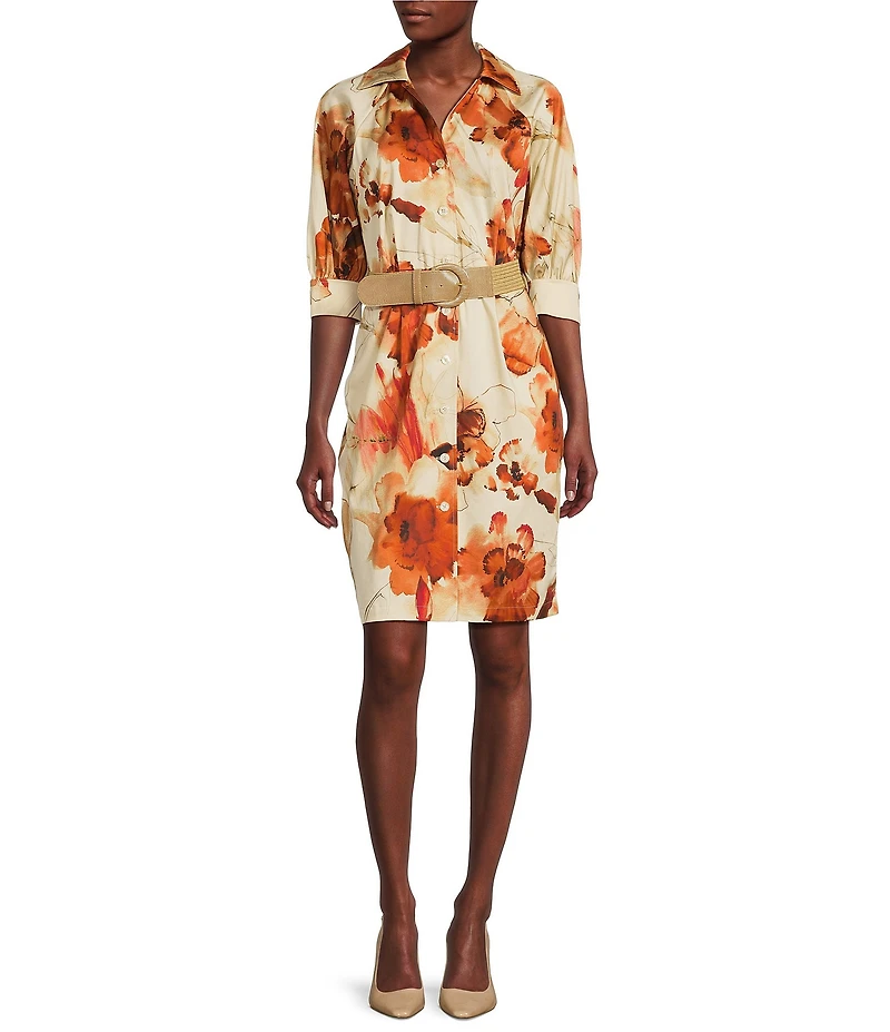 Donna Karan Short Sleeve Button Front Collar Midi Shirt Dress