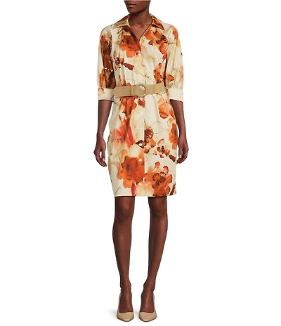 Donna Karan Short Sleeve Button Front Collar Midi Shirt Dress