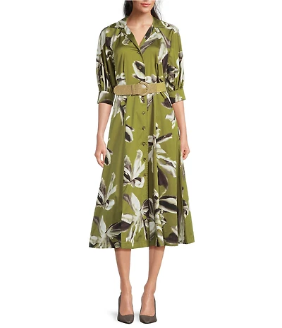 Donna Karan Short Sleeve Button Front Midi Belted Shirt Dress