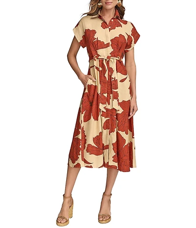 Donna Karan Short Sleeve Floral Print Shirt Dress