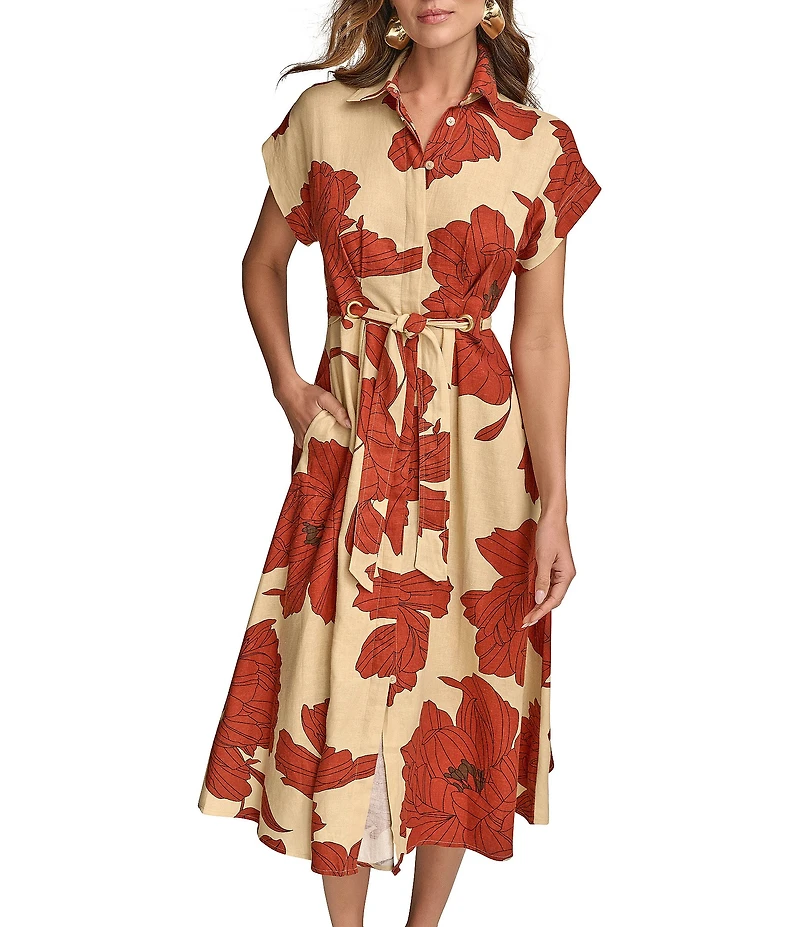 Donna Karan Short Sleeve Floral Print Shirt Dress