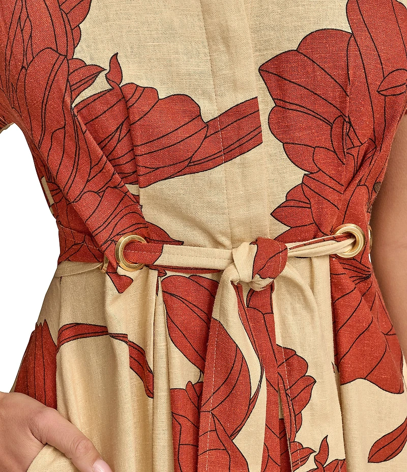 Donna Karan Short Sleeve Floral Print Shirt Dress