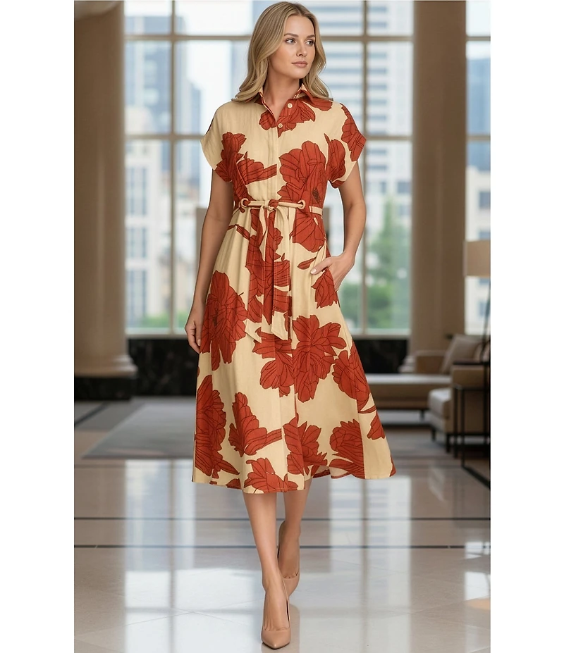 Donna Karan Short Sleeve Floral Print Shirt Dress