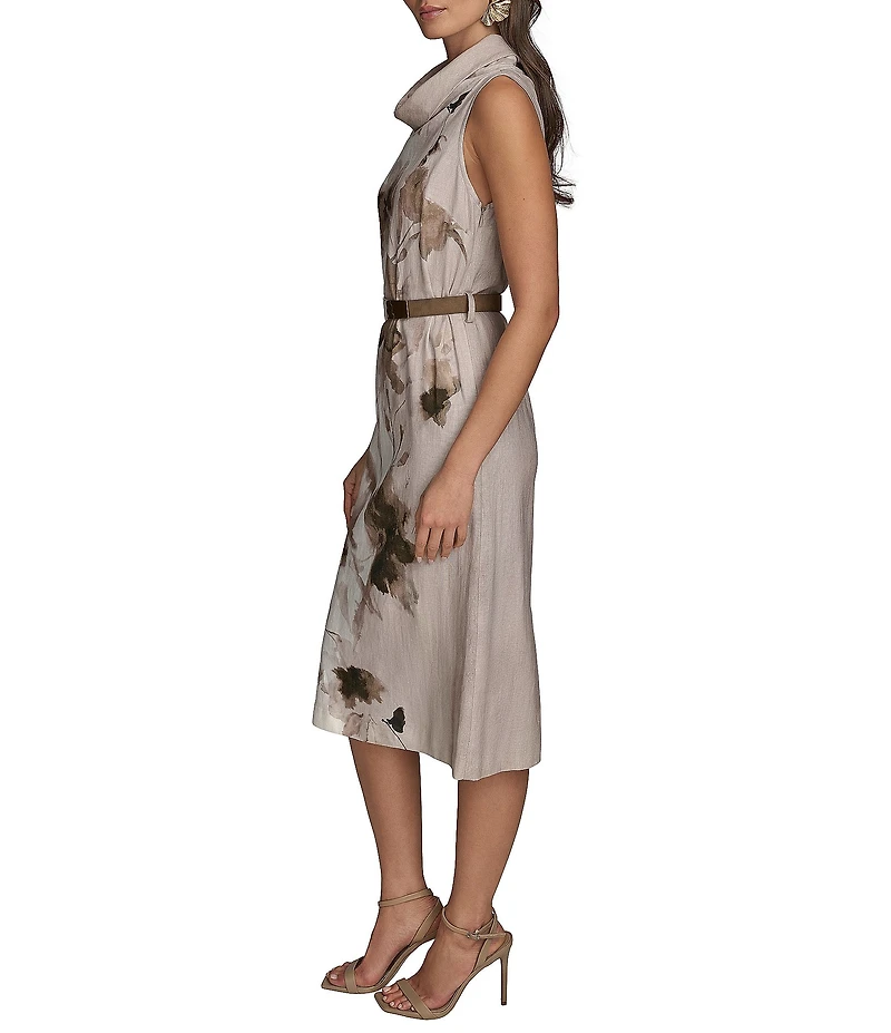 Donna Karan Sleeveless Cowl Neck Floral Print Belted Midi Dress