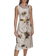 Donna Karan Sleeveless Cowl Neck Floral Print Belted Midi Dress