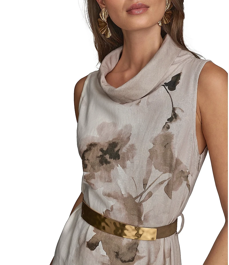 Donna Karan Sleeveless Cowl Neck Floral Print Belted Midi Dress