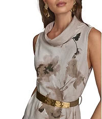Donna Karan Sleeveless Cowl Neck Floral Print Belted Midi Dress