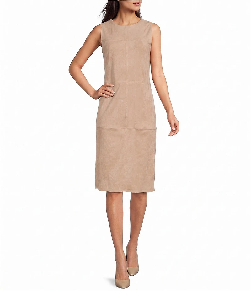 Donna Karan Sleeveless Crew Neck Suede Knee Length Sheath Dress