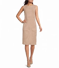 Donna Karan Sleeveless Crew Neck Suede Knee Length Sheath Dress