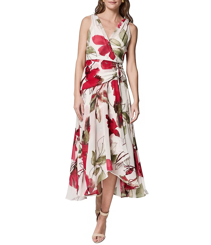 Donna Karan Sleeveless Floral Faux Wrap A-Line Chiffon Midi Dress