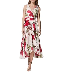 Donna Karan Sleeveless Floral Faux Wrap A-Line Chiffon Midi Dress