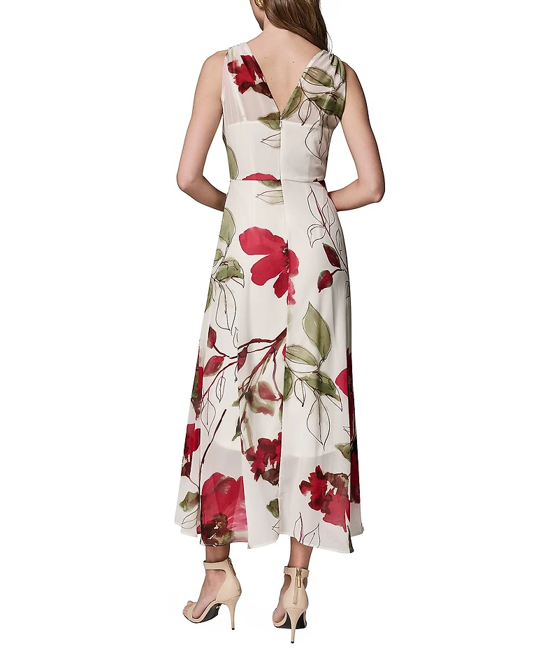 Donna Karan Sleeveless Floral Faux Wrap A-Line Chiffon Midi Dress