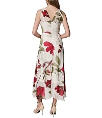 Donna Karan Sleeveless Floral Faux Wrap A-Line Chiffon Midi Dress