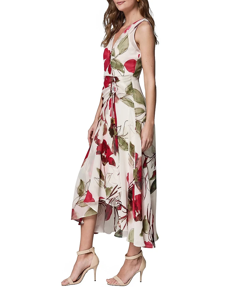 Donna Karan Sleeveless Floral Faux Wrap A-Line Chiffon Midi Dress