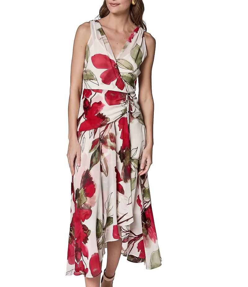 Donna Karan Sleeveless Floral Faux Wrap A-Line Chiffon Midi Dress
