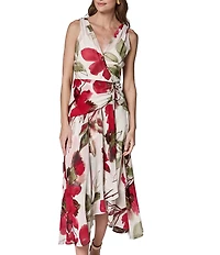 Donna Karan Sleeveless Floral Faux Wrap A-Line Chiffon Midi Dress