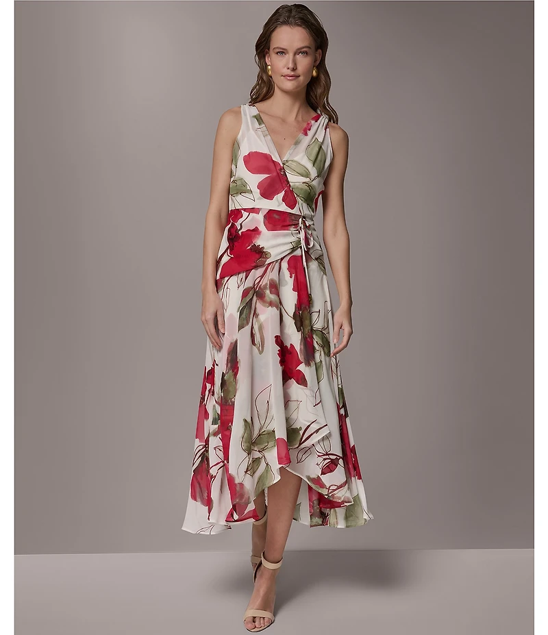 Donna Karan Sleeveless Floral Faux Wrap A-Line Chiffon Midi Dress