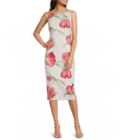Donna Karan Sleeveless Floral Print Scuba Midi Dress