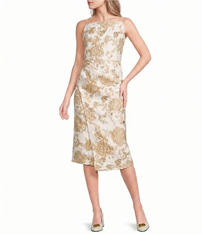 Donna Karan Sleeveless Gathered Waist Metallic Floral Jacquard Midi Dress