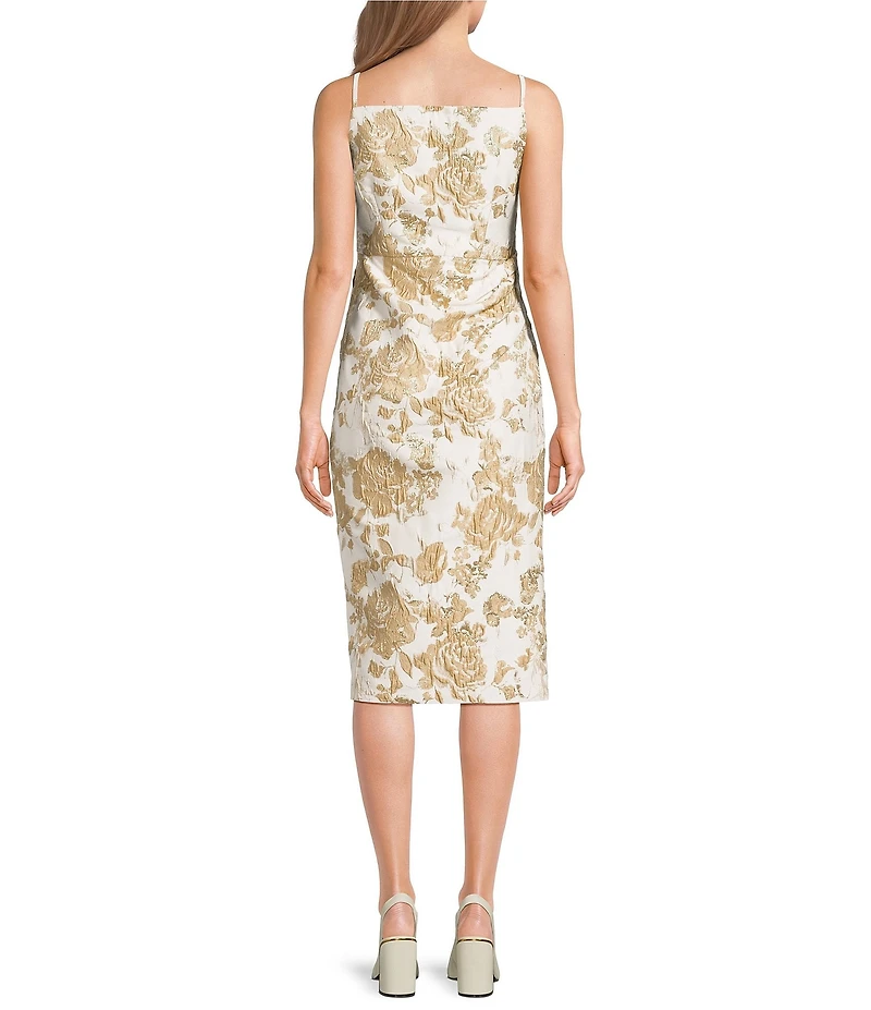 Donna Karan Sleeveless Gathered Waist Metallic Floral Jacquard Midi Dress