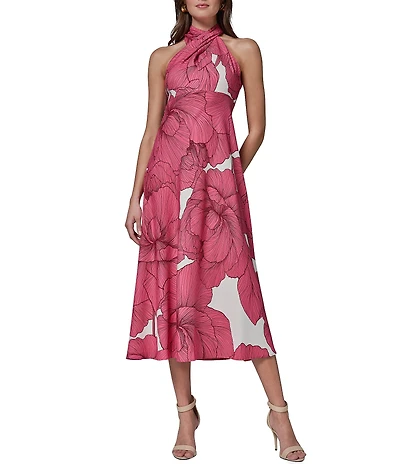 Donna Karan Sleeveless Halter Neck Floral A-Line Midi Dress