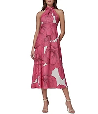 Donna Karan Sleeveless Halter Neck Floral A-Line Midi Dress