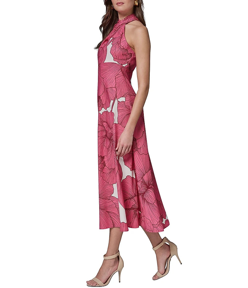 Donna Karan Sleeveless Halter Neck Floral A-Line Midi Dress