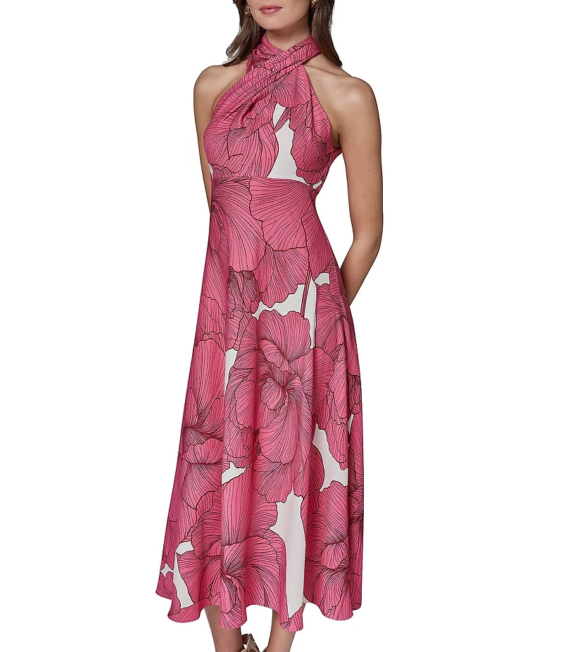 Donna Karan Sleeveless Halter Neck Floral A-Line Midi Dress