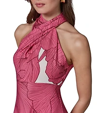 Donna Karan Sleeveless Halter Neck Floral A-Line Midi Dress